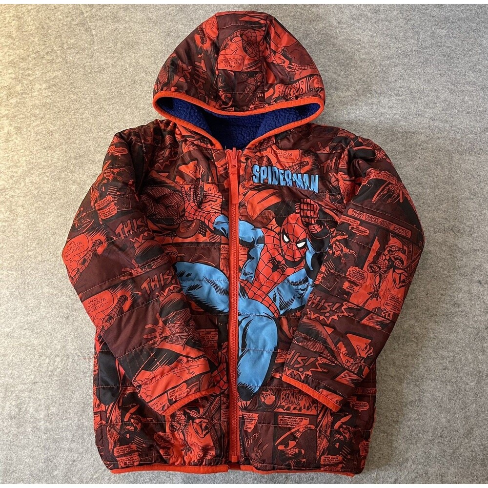 Spiderman Hooded Winter Coat Boys Size 6-7 Reversible